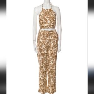 House of Harlow 1960 Leaf Print Brown & Cream Loose Pant and Matching Halter Set
